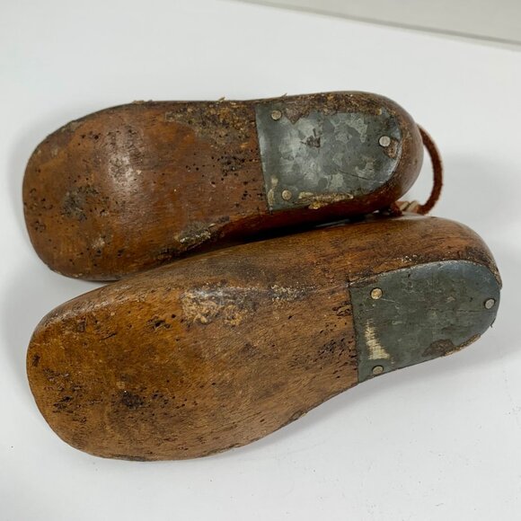 VTG Antique Toddler Wooden Shoe Last Pair, Leather Laces Metal Plates #4 - Picture 8 of 14
